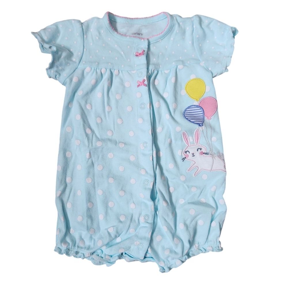 Carter's Baby Girl's Cotton Polka-Dot Bunny Romper Size 12 Months Blue